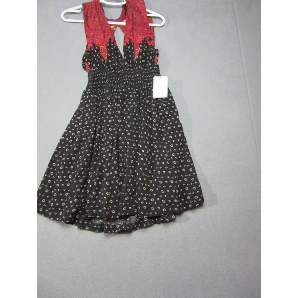 Free People Mini Dress Womens Large Black Combo Rayon Mixed Print Smocked Waist
